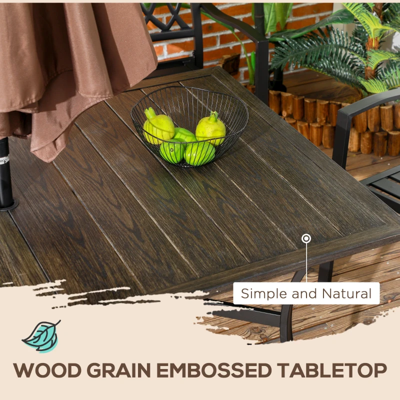 Outsunny Steel Frame 59 Inch Outdoor Dining Table for Six with Parasol Hole, Wood Grain Tabletop, for Backyard, Garden, Brown