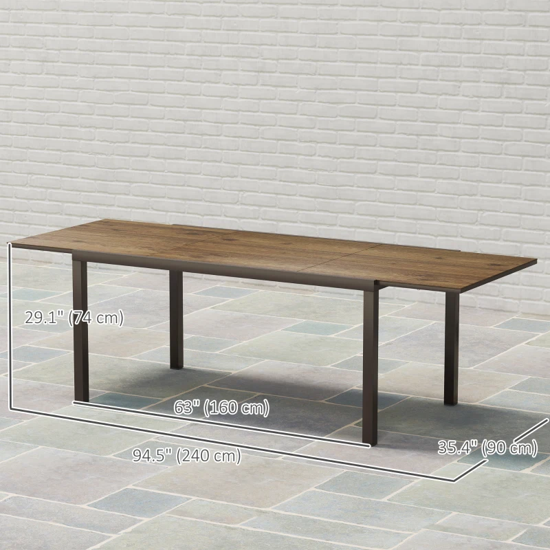 Outsunny 63"-94.5" Extendable Patio Dining Table for 6-8 Person, Outdoor Dining Table with Aluminium Edging, Steel Frame, Brown