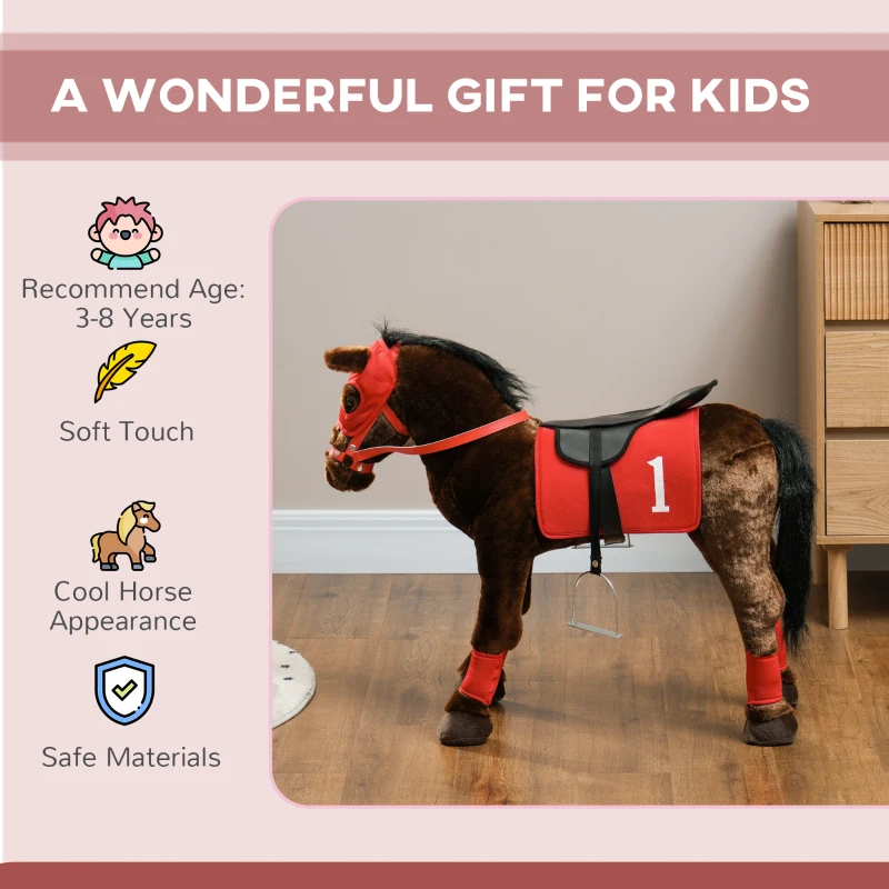 Qaba Ride on Horse for Kids 3-8 Years Old w/ Neighing Sound, Saddle & Stirrups