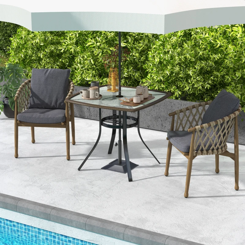 Outsunny 34" Square Outdoor Dining Table, Patio Table with Umbrella Hole, Water-Grain Glass Top Coffee Table for Balcony, Poolside, Dark Brown