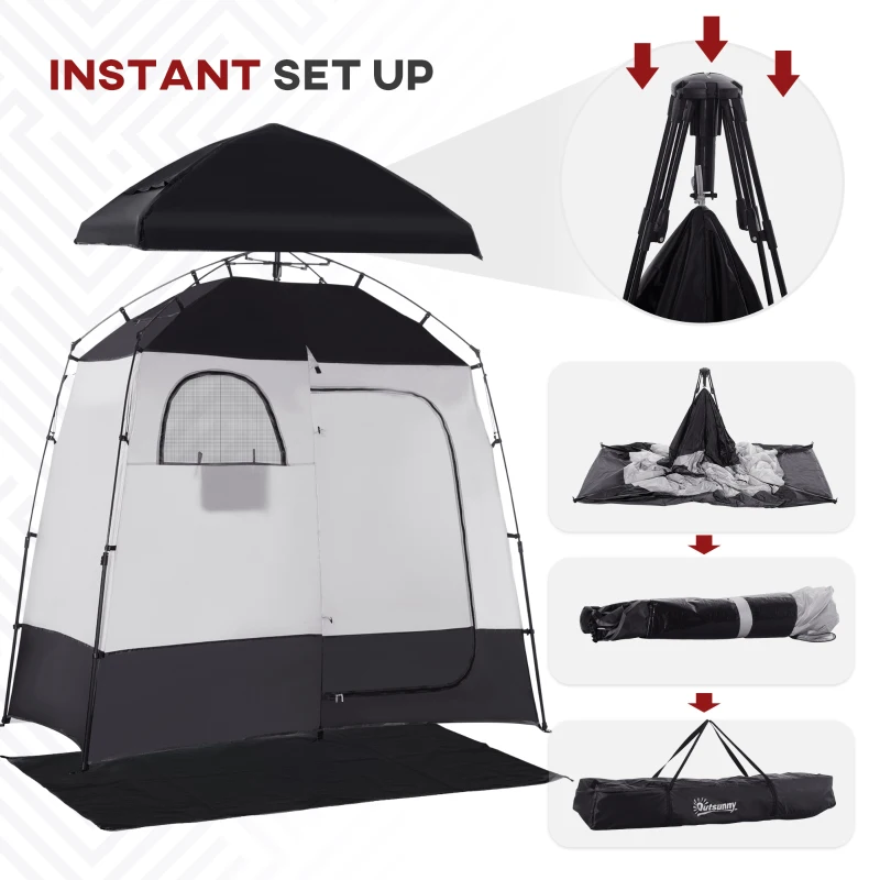Outsunny Outdoor Portable Pop Up Shower Tent Changing Tent Privacy Enclosure with 2 Rooms, Shower Bag, Floor for Camping, Black