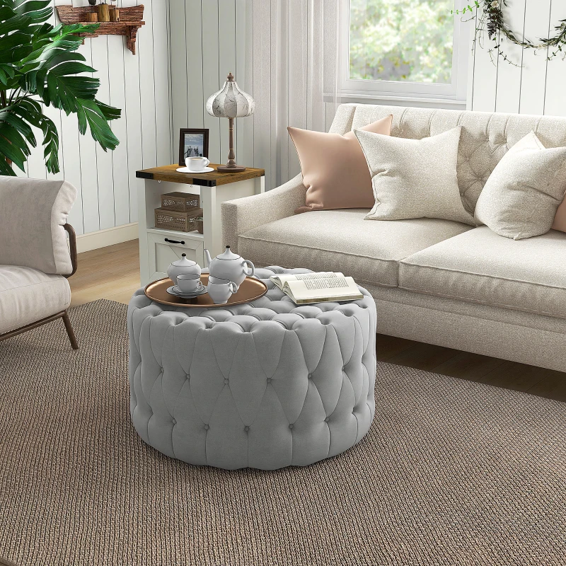 HOMCOM Round Ottoman Coffee Table with Velvet-feel Upholstery, Button Tufted Design and Padded Seat, Gray