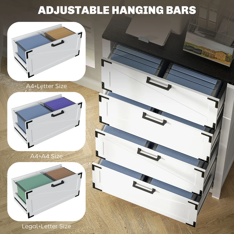 HOMCOM 4 Drawer Filing Cabinet, Farmhouse Office Storage Cabinet with Adjustable Hanging Bars for Letter, A4, Legal Size, White