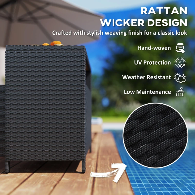 Outsunny Outdoor Storage Cabinet with Acacia Wood Top, Two Doors, Shelf, Wicker Bar Table for Pool Towel Storage, Black