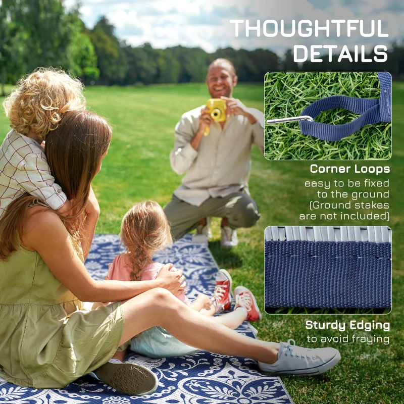 Outsunny Outdoor Rug for Patio, 9' x 18' Waterproof Large Mat, Reversible Plastic Straw Rug for Decor, Portable Outside RV Camping Area Carpet Mat for Backyard Porch Deck Picnic, Blue & White Floral