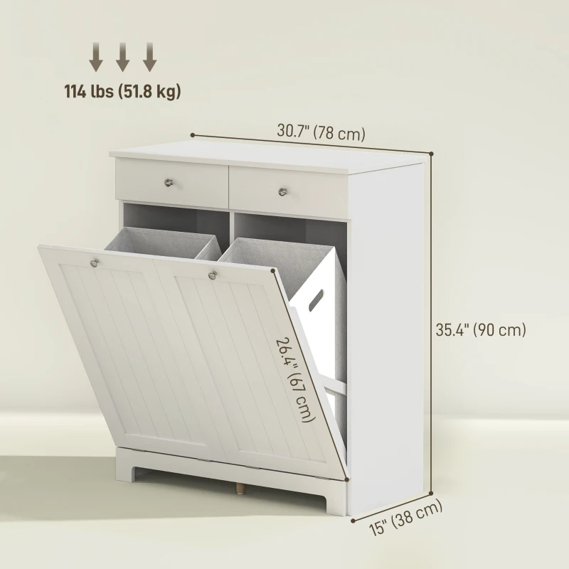 HOMCOM Laundry Cabinet, Tilt Out Laundry Hamper Cabinet with 2 Baskets, Bathroom Hamper Cabinet with 2 Drawers, White