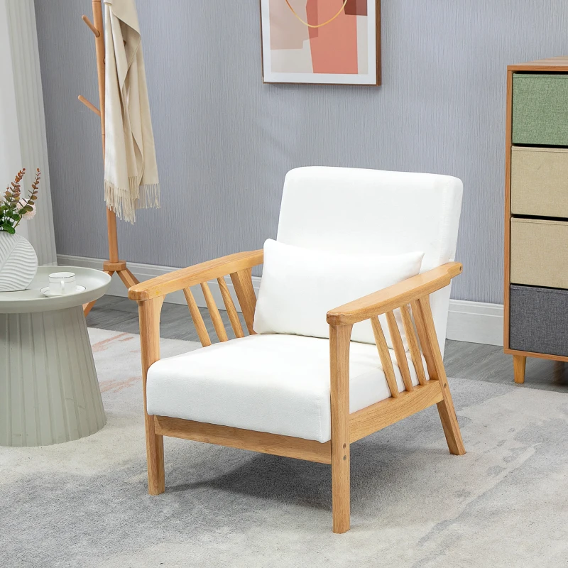 HOMCOM Armchair Upholstered Lounge Chair with Rubber Wood Frame Throw Pillows and Comfortable Cushion, White