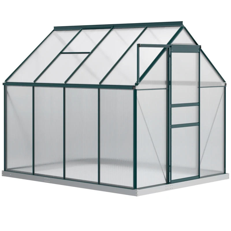 Outsunny 6' x 8' x 6.5' Polycarbonate Greenhouse, Walk-in Green House with Adjustable Roof Vent Galvanized Base Sliding Door Rain Gutter for Outdoor Garden Backyard, Green