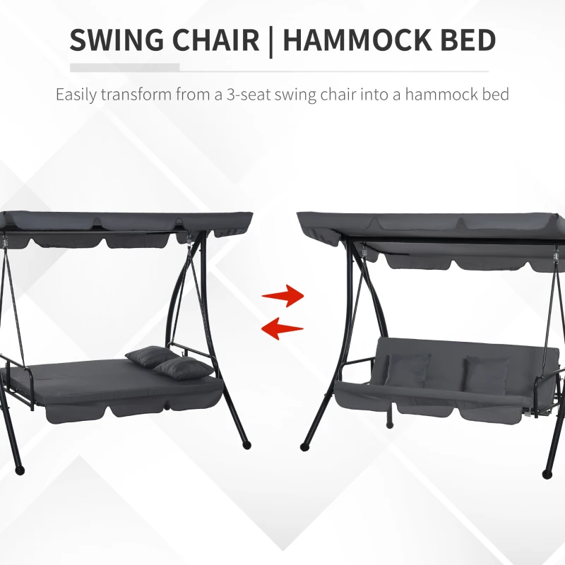 Outsunny Patio Swing Chair, 3 Person Convertible Hammock, Outdoor Swing Lounge Bed, Cushioned with Tilt Canopy, Dark Grey