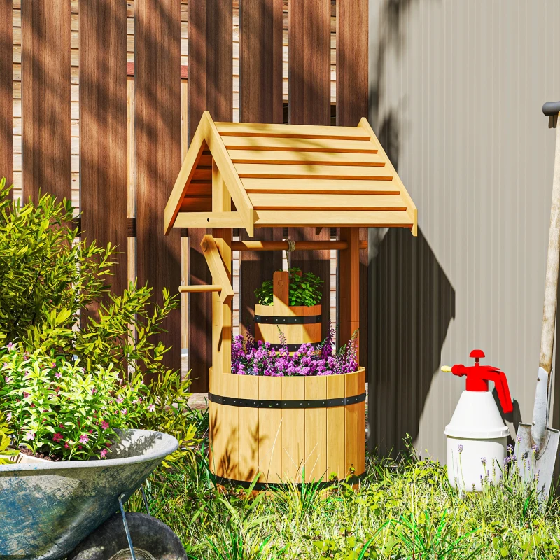 Outsunny Wood Wishing Well Outdoor Wooden Planter with Hanging Bucket and Drainage Hole for Garden, Patio, Backyard, Orange