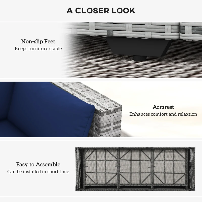 Outsunny 3-Seater Outdoor Sofa with Cushions, PE Rattan Conversation Patio Couch with Pillows for Garden, Poolside, Dark Blue