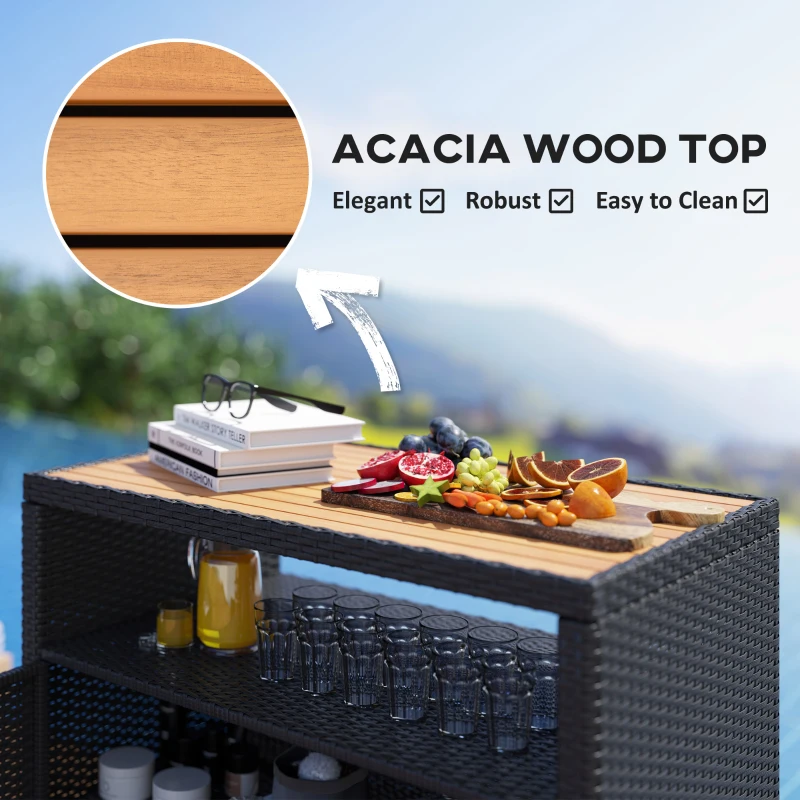 Outsunny Outdoor Storage Cabinet with Acacia Wood Top, Two Doors, Shelf, Wicker Bar Table for Pool Towel Storage, Black