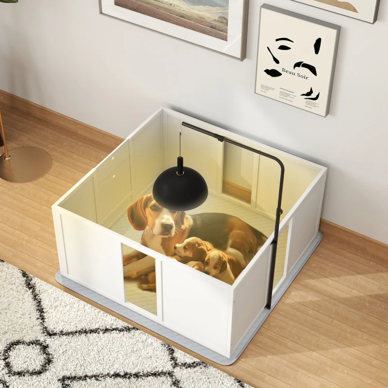 PawHut Whelping Box for Dogs with Retractable Light Stand, Washable Waterproof Pee Pad & Adjustable Door, 39" x 38" x 19"
