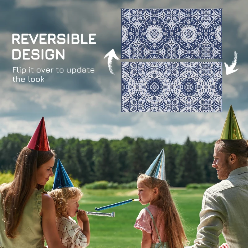Outsunny Outdoor Rug for Patio, 9' x 18' Waterproof Large Mat, Reversible Plastic Straw Rug for Decor, Portable Outside RV Camping Area Carpet Mat for Backyard Porch Deck Picnic, Blue & White Floral