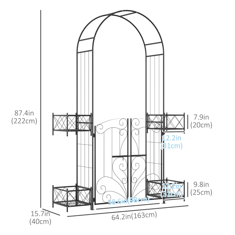 Outsunny 7.1FT Metal Garden Arch with Gate and 4 Planter Boxes, Garden Arbor Trellis for Climbing Plants, Outdoor Wedding, Decoration, Bridal Party, Black