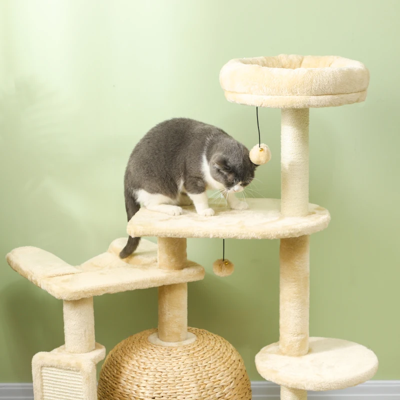 PawHut 44" Cat Tree Tower with Scratching Posts, Cat Condo, Hammock, Bed, Platforms, Toy Balls for Indoor Cats