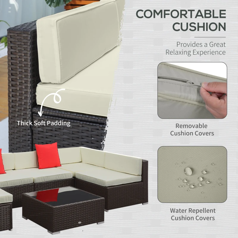 Outsunny 7 Piece Outdoor Patio Sofa Set with Cushions, All Weather PE Rattan, 29.5" Sofa Section, Glass Top Coffee Table for Outdoor Living, Beige(m-4)
