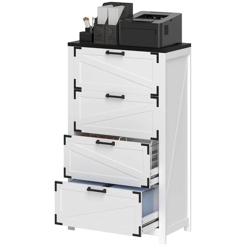 HOMCOM 4 Drawer Filing Cabinet, Farmhouse Office Storage Cabinet with Adjustable Hanging Bars for Letter, A4, Legal Size, White