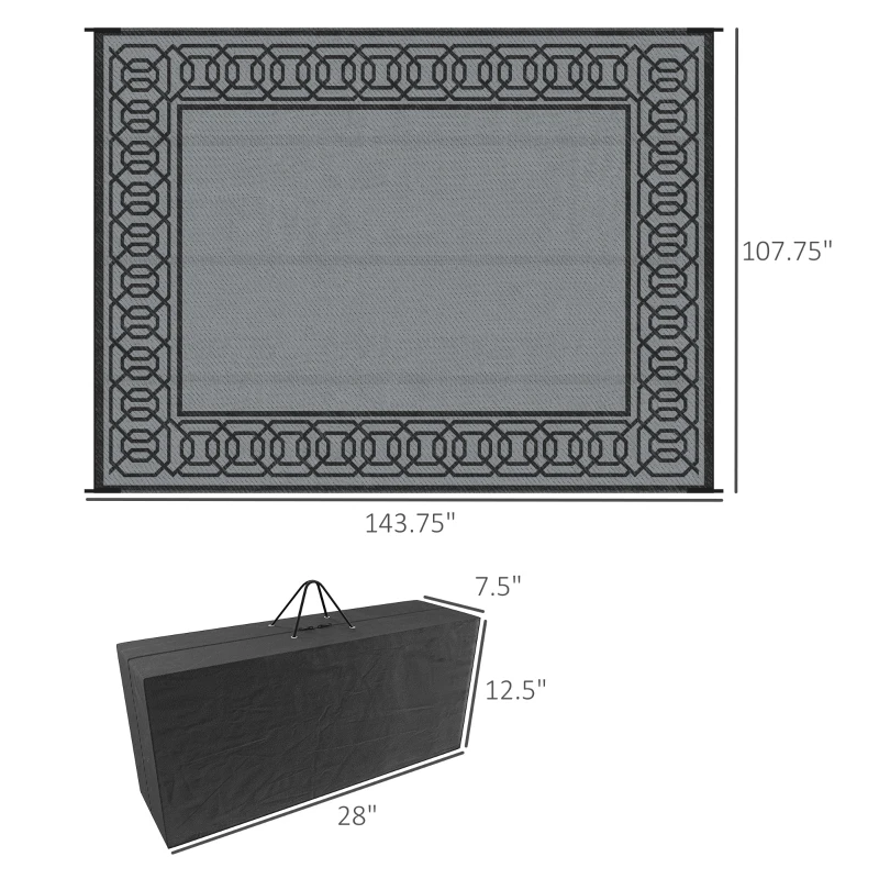 Outsunny Outdoor Rug for Patio, 9' x 12' Waterproof Large Mat, Reversible Plastic Straw Rug for Decor, Portable Outside RV Camping Area Carpet Mat for Backyard Porch Deck Picnic, Black & Gray Border