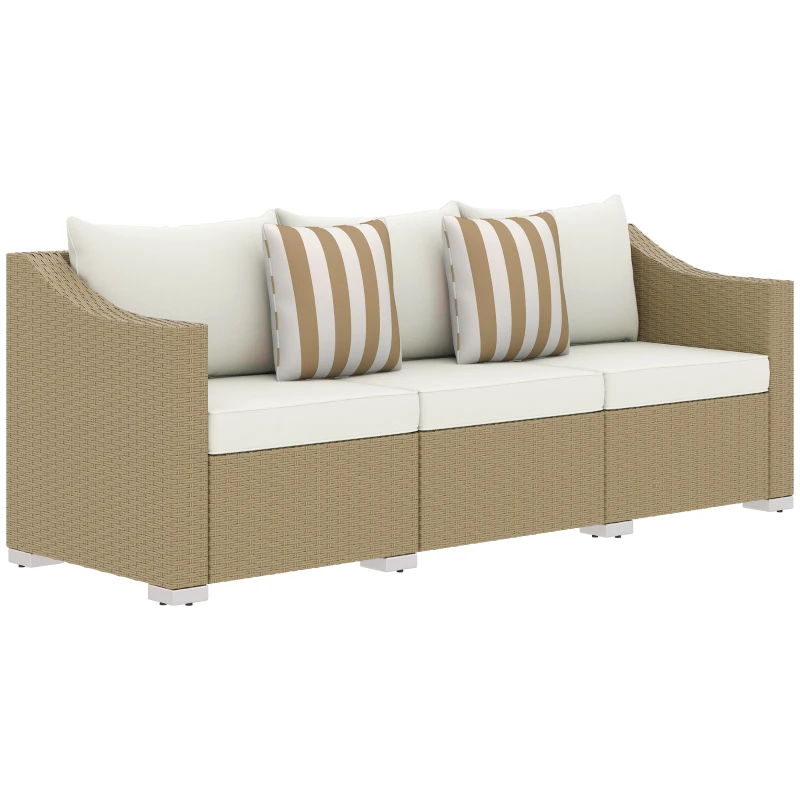Outsunny Rattan Wicker 3 Seater Patio Couch with Cushions, 2 Throw Pillows, Outdoor Furniture Rattan Sofa, Cream White
