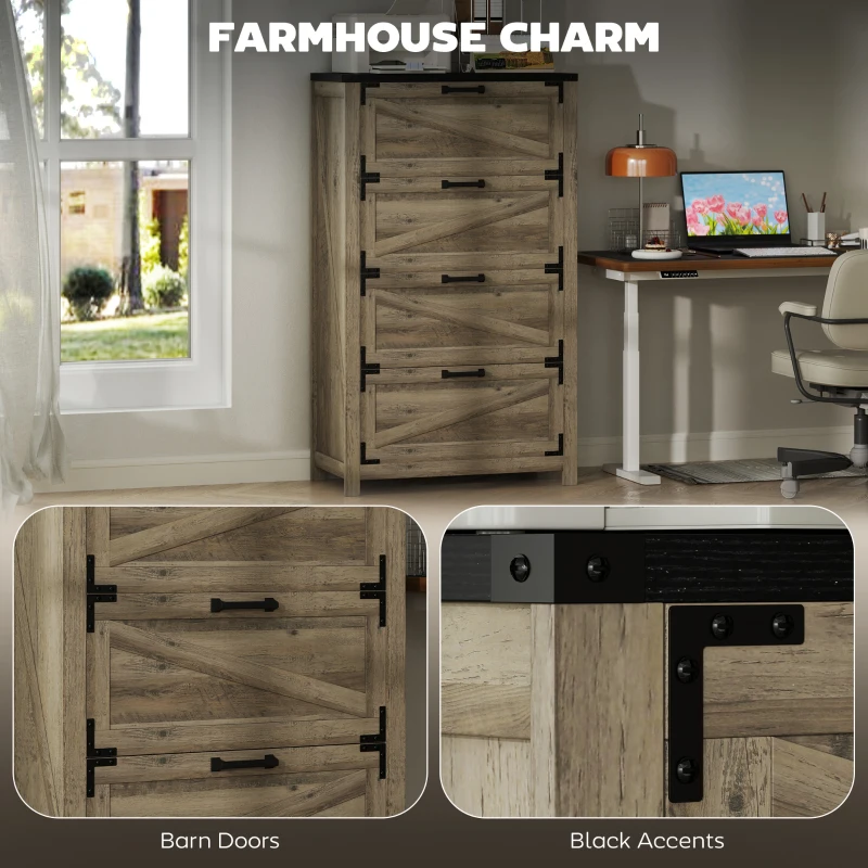 HOMCOM 4 Drawer Filing Cabinet, Farmhouse Office Storage Cabinet with Adjustable Hanging Bars for Letter, A4, Legal Size, Grey