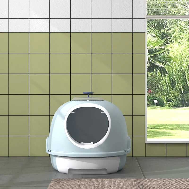 PawHut Cat Litter Box Toilet with Lid, Covered Litter Box with Scoop, Enclosed Drawer and Skylight, Blue