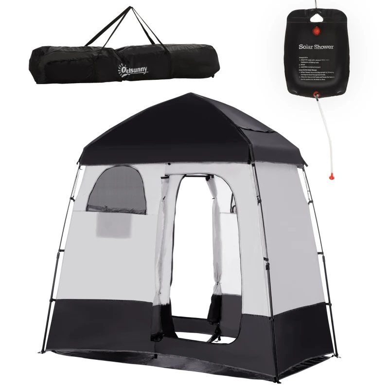 Outsunny Outdoor Portable Pop Up Shower Tent Changing Tent Privacy Enclosure with 2 Rooms, Shower Bag, Floor for Camping, Black