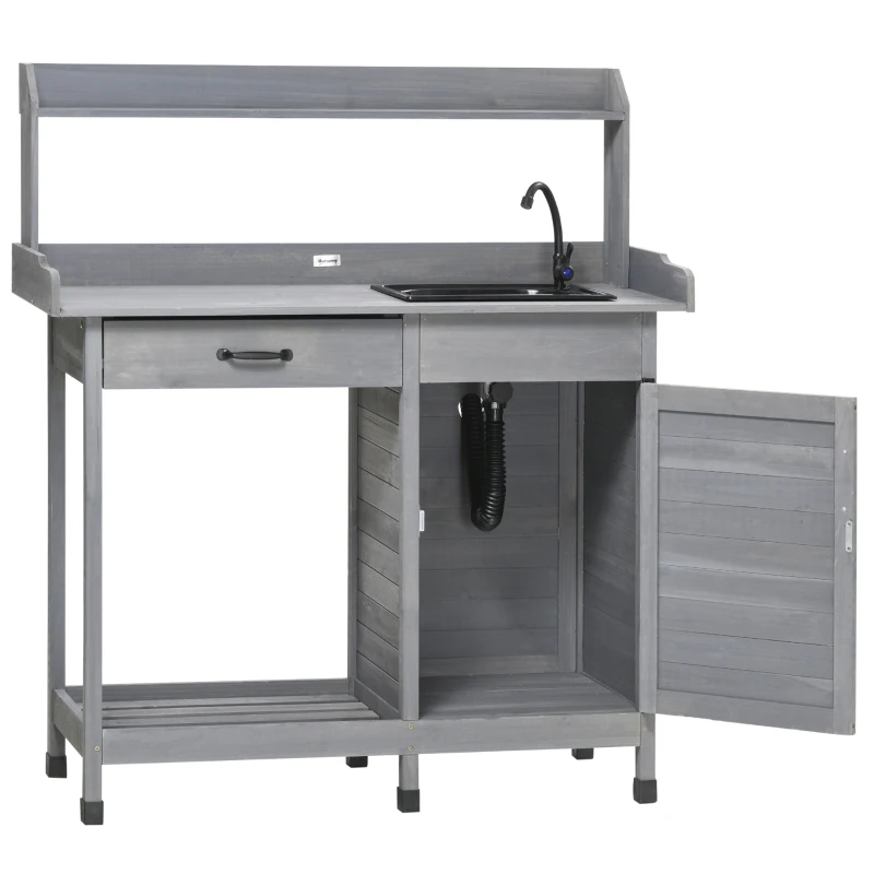 Outsunny Potting Bench Table with Sink, Outdoor Work Bench Table with Storage Cabinet, Hooks, Removable Sink, Faucet and Drawer for Greenhouse, Garden, Patio, Gray