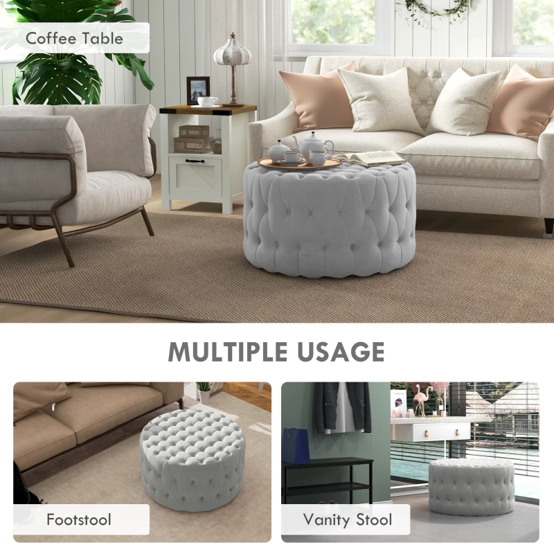 HOMCOM Round Ottoman Coffee Table with Velvet-feel Upholstery, Button Tufted Design and Padded Seat, Gray