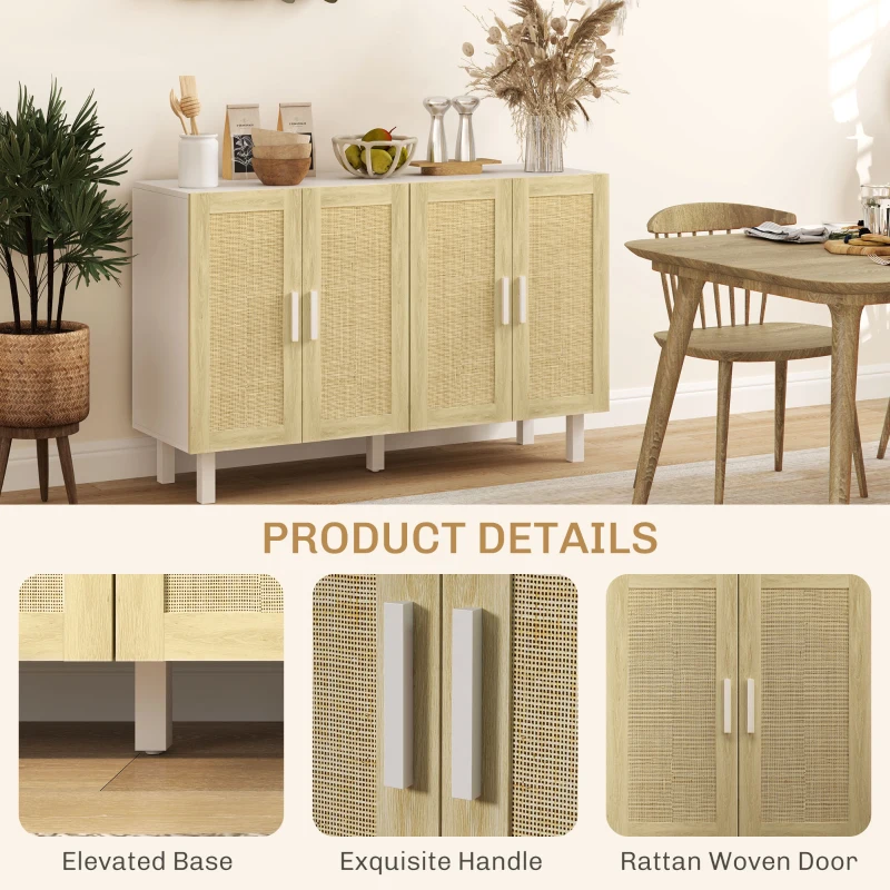 HOMCOM Boho Kitchen Cabinet, Buffet Cabinet with 4 Rattan Doors and Adjustable Shelves for Dining Room, White and Natural