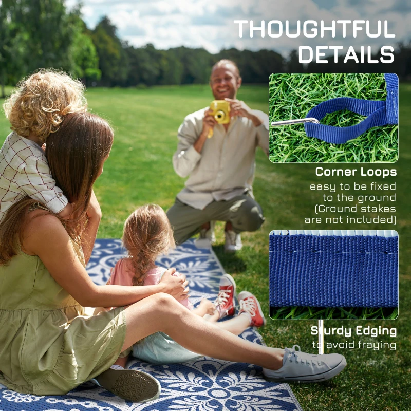 Outsunny Outdoor Rug for Patio, 9' x 12' Waterproof Large Mat, Reversible Plastic Straw Rug for Decor, Portable Outside RV Camping Area Carpet Mat for Backyard Porch Deck Picnic, Blue & White Floral
