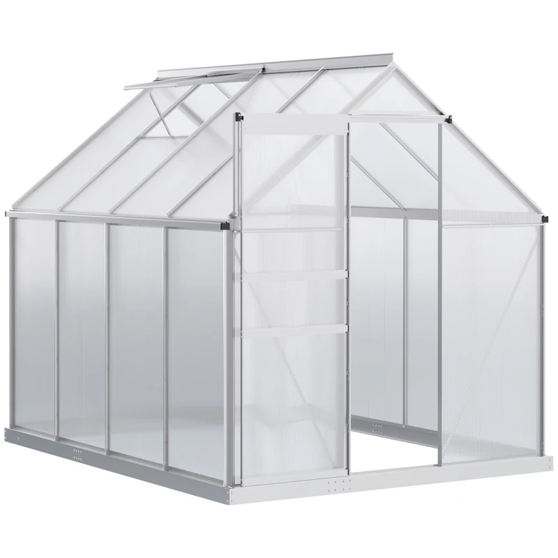 Outsunny 6' x 8' x 6.5' Walk-in Greenhouse, Polycarbonate Greenhouse with Adjustable Roof Vent, Base, Sliding Door, Clear