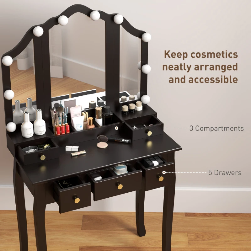 HOMCOM Makeup Vanity Table with Stool, Vanity Set with 10 LED Lights, 5 Drawers and 3 Compartments, Black