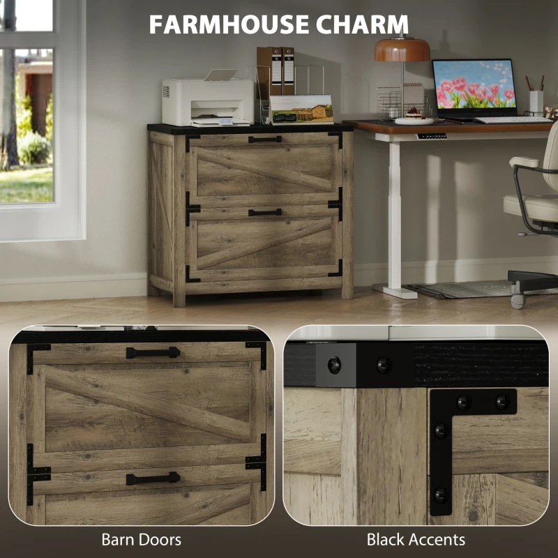 HOMCOM 2 Drawer Filing Cabinet, Farmhouse Office Storage Cabinet with Adjustable Hanging Bars for Letter, A4, Legal Size, Grey