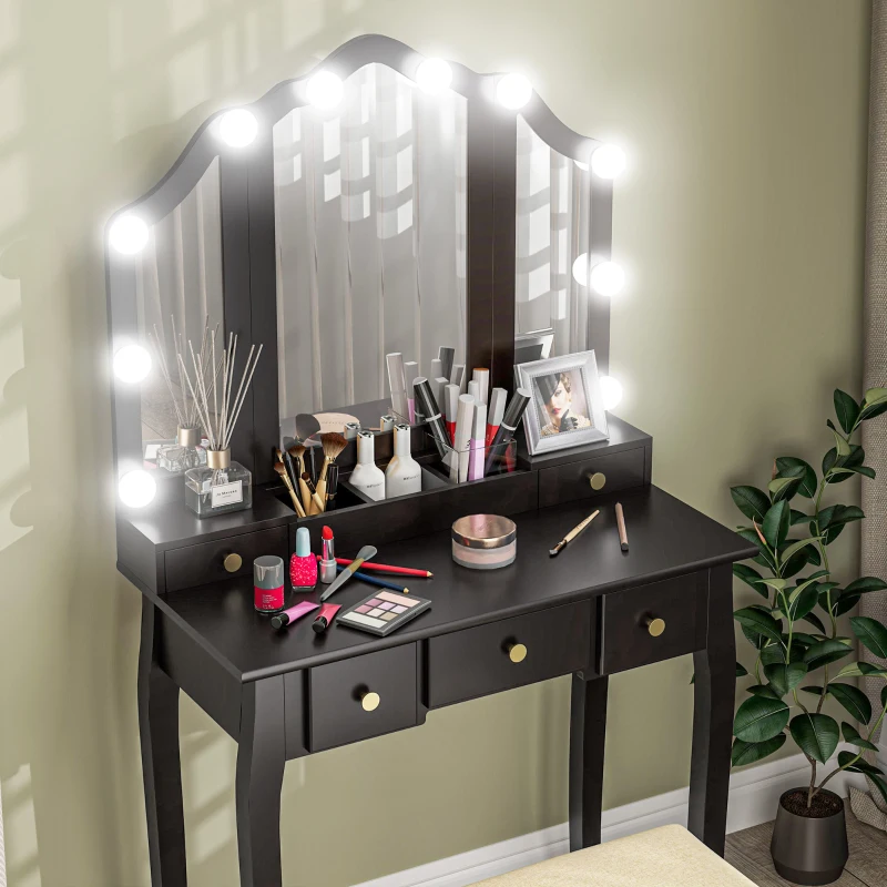 HOMCOM Makeup Vanity Table with Stool, Vanity Set with 10 LED Lights, 5 Drawers and 3 Compartments, Black