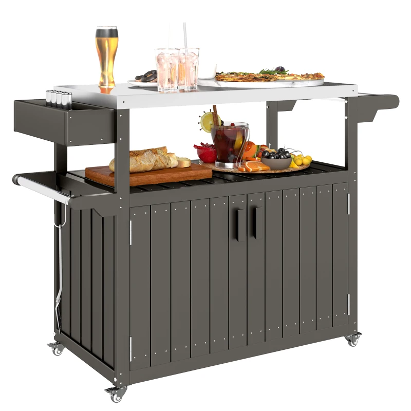 Outsunny Outdoor Bar Cart with Storage, Stainless Steel Outdoor Bar Table Top, Wheeled HDPE Kitchen Island for Food Prep, Gray