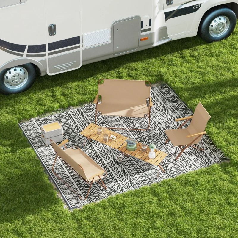 Outsunny Reversible Outdoor Rug Carpet RV Camping Rugs with Carry Bag, 8' x 10', Gray & Cream White Boho