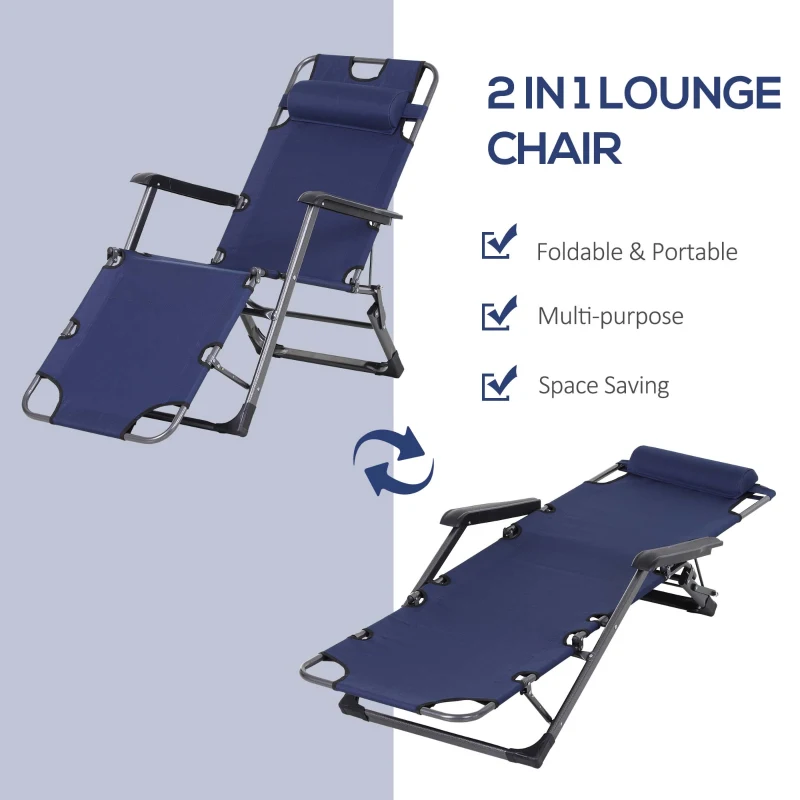 Outsunny Folding Chaise Lounge Chair for Outside, 2-in-1 Tanning Chair with Pillow & Pocket, Adjustable Pool Chair for Beach, Patio, Lawn, Deck, Navy
