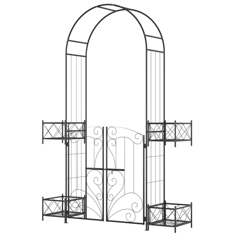 Outsunny 7.1FT Metal Garden Arch with Gate and 4 Planter Boxes, Garden Arbor Trellis for Climbing Plants, Outdoor Wedding, Decoration, Bridal Party, Black