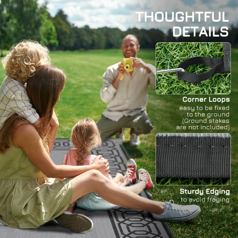 Outsunny Outdoor Rug for Patio, 9' x 12' Waterproof Large Mat, Reversible Plastic Straw Rug for Decor, Portable Outside RV Camping Area Carpet Mat for Backyard Porch Deck Picnic, Black & Gray Border