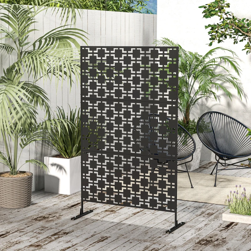 Outsunny 6.5FT Decorative Outdoor Divider, Metal Privacy Screen with Stand, Grid Style, Black