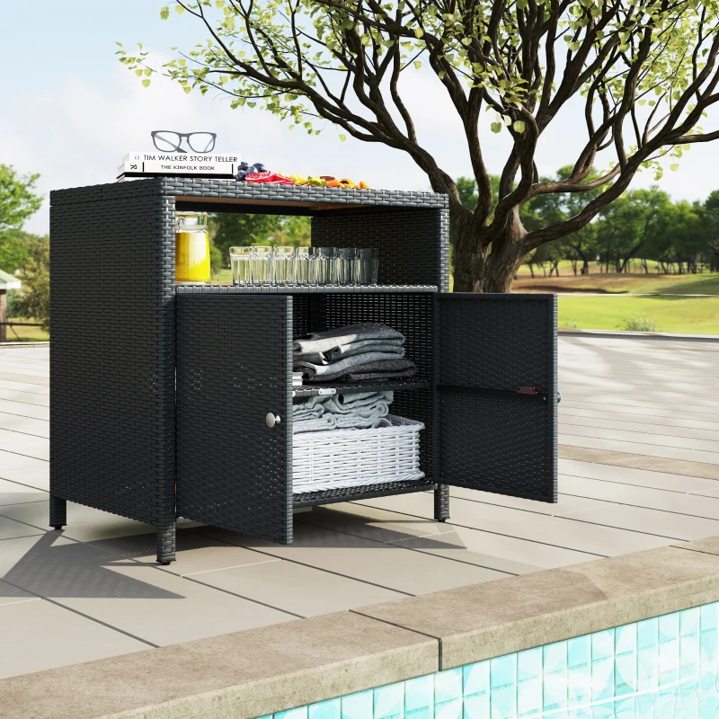 Outsunny Outdoor Storage Cabinet with Acacia Wood Top, Two Doors, Shelf, Wicker Bar Table for Pool Towel Storage, Black