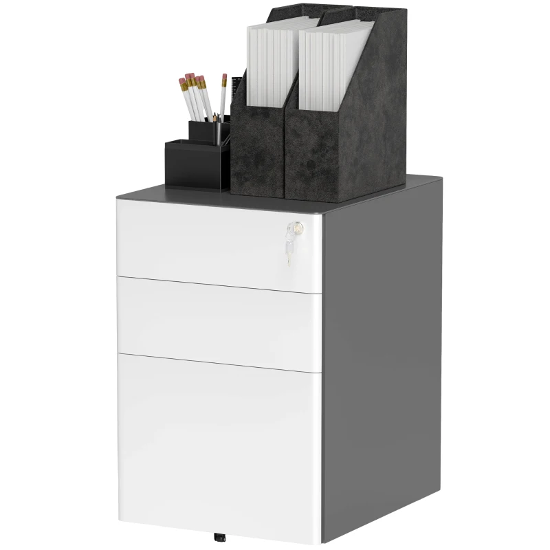 Vinsetto 3 Drawer Filing Cabinet, Home Office Storage Cabinet with Wheels, Lock for A4, Letters, Legal-sized Files, Grey and White