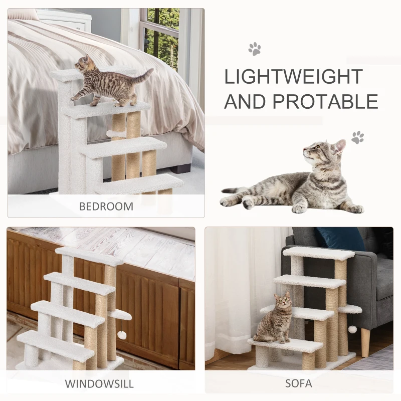 PawHut 4 Levels Cat Steps with Scratching Posts for High Bed, Sofa, White