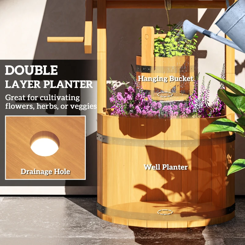 Outsunny Wood Wishing Well Outdoor Wooden Planter with Hanging Bucket and Drainage Hole for Garden, Patio, Backyard, Orange
