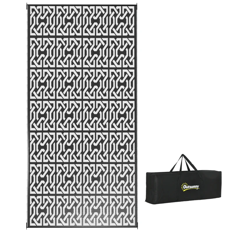 Outsunny Reversible Outdoor Rug Waterproof Plastic Straw RV Rug with Carry Bag, 9' x 18', Black and White Chain