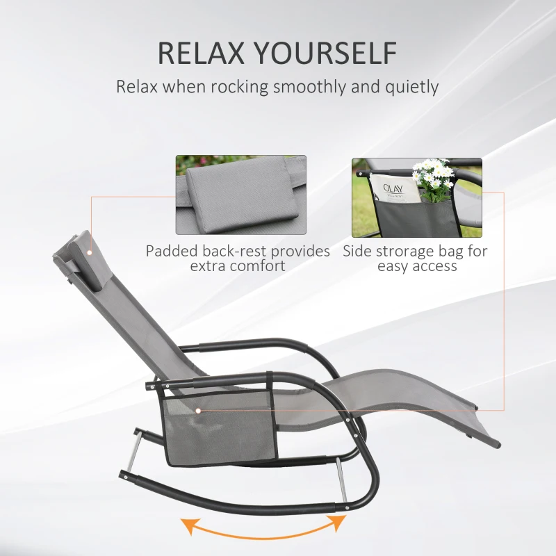 Outsunny Patio Rocking Chair with Mesh Fabric, Outdoor Rocking Sling Sun Lounger with Removable Headrest and Side Pocket for Garden, Deck, Lawn, Grey
