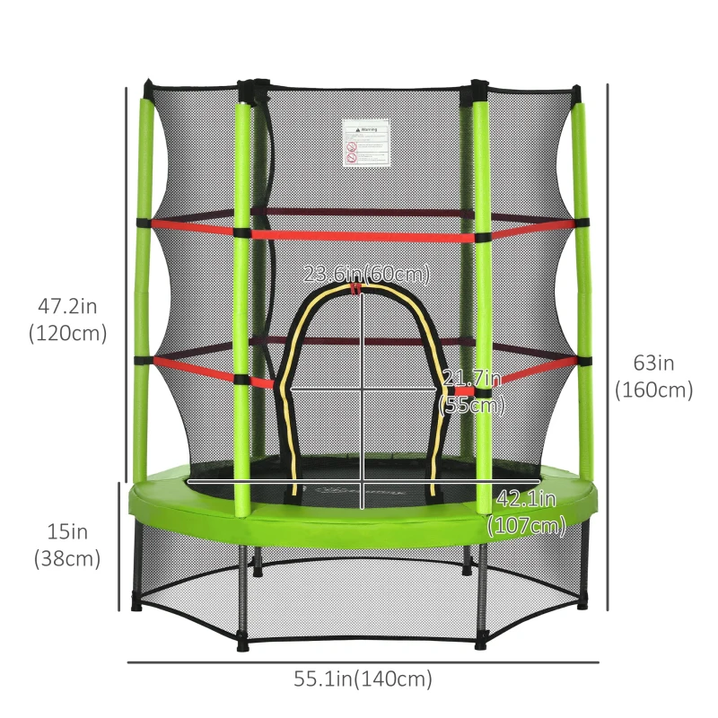 Outsunny 55" Kids Trampoline with Enclosure Net for Indoor/Outdoor, Trampoline for Boys and Girls Age 3-6 Years, Green