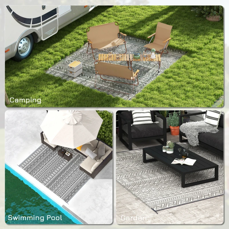 Outsunny Reversible Outdoor Rug Carpet RV Camping Rugs with Carry Bag, 8' x 10', Gray & Cream White Boho