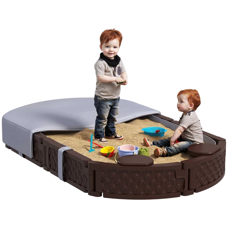 Qaba Kids Sandbox with Cover, 4 Corner Seats, Bottom Liner for Backyard, Garden, Outdoor, 71" x 42" W x 9", Dark Brown